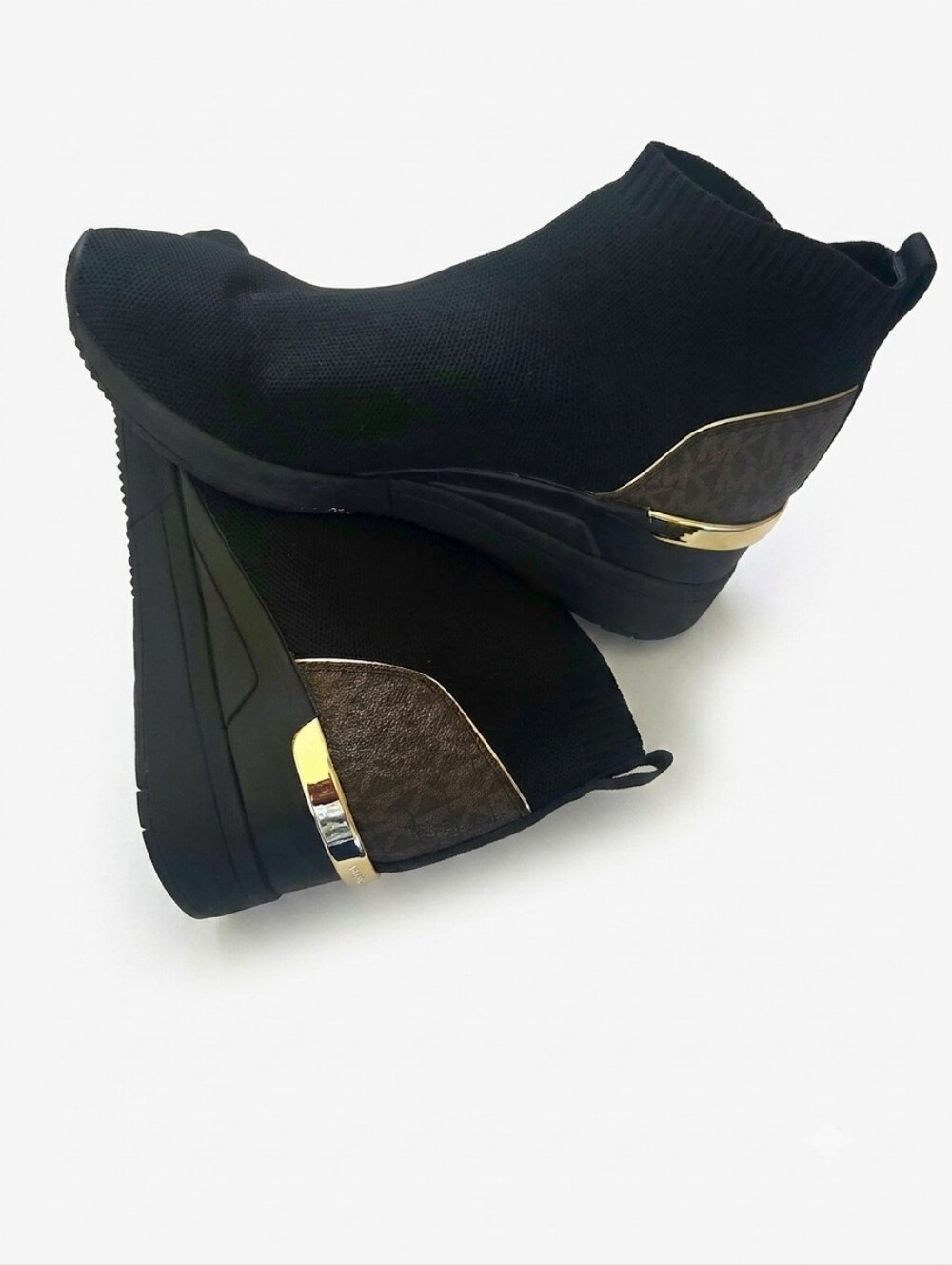 Michael Kors Skyler Black & Brown Monogram Sock Sneakers/ Booties Sz. 10 Women's